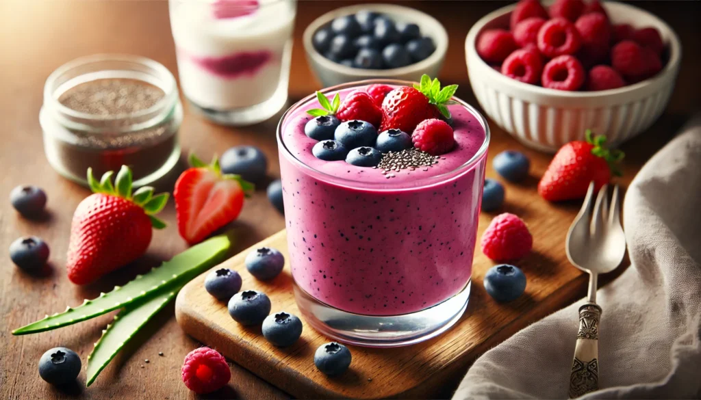 A vibrant berry aloe boost smoothie in a clear glass on a wooden kitchen counter, garnished with a mix of fresh berries. Surrounding the glass are blueberries, raspberries, strawberries, a small bowl of Greek yogurt, and a spoonful of chia seeds, showcasing the nutrient-rich ingredients that support joint health.