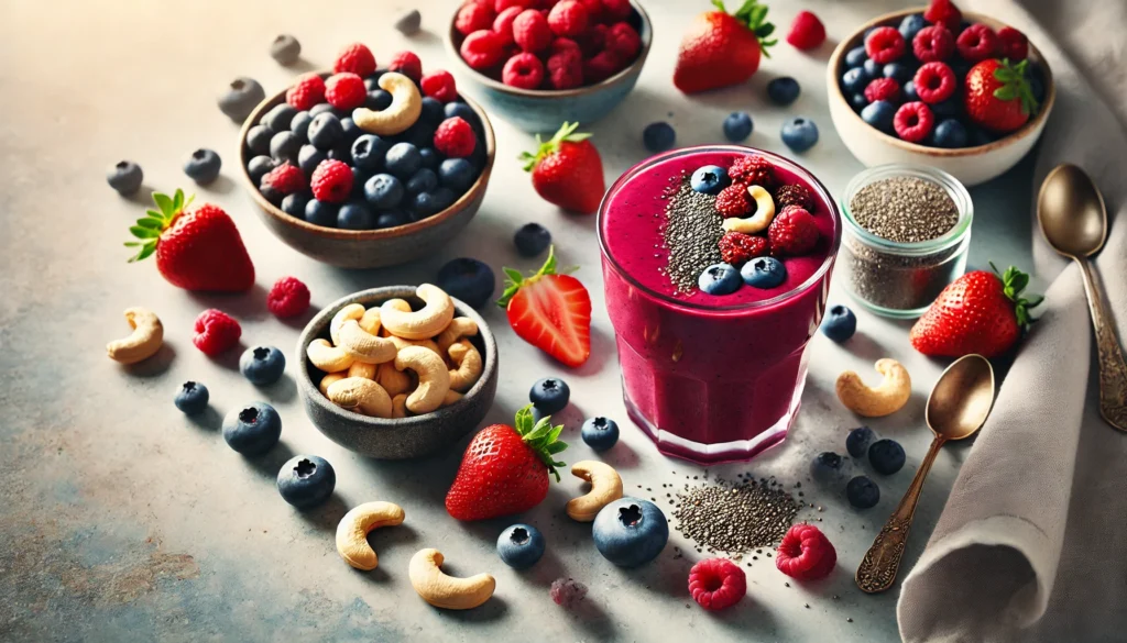 A deep red smoothie in a glass surrounded by fresh mixed berries (blueberries, raspberries, strawberries), a small bowl of soaked cashews, and chia seeds on a marble countertop, softly lit with natural light for a fresh and energizing feel.