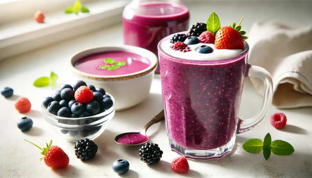 A vibrant berry smoothie in a clear glass, featuring bone broth, mixed berries, and probiotic yogurt. The smoothie has a deep purple hue, garnished with fresh berries. A small dish of bone broth is placed beside the glass, showcasing its probiotic and gut-supporting benefits. The background is bright and fresh, promoting digestive wellness.