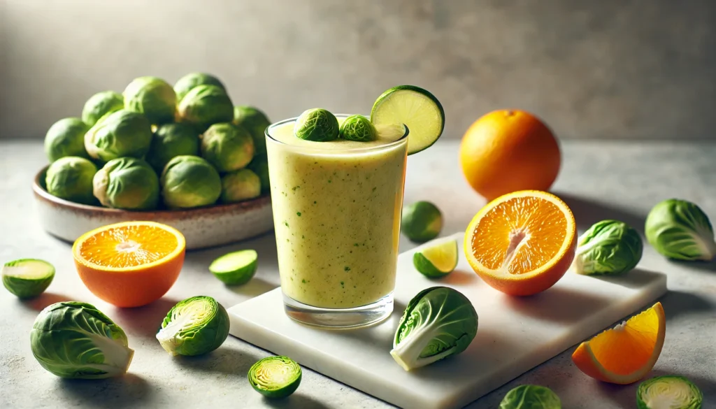 A light orange smoothie in a tall glass surrounded by peeled orange slices, a lime wedge, and finely chopped Brussels sprouts on a marble countertop with soft natural lighting.