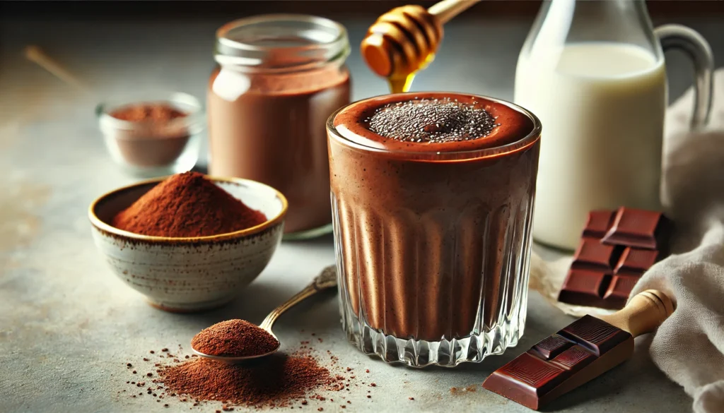 A rich chocolate collagen and chia seed smoothie in a clear glass, featuring a deep, velvety brown texture. Surrounding the glass are a scoop of chocolate collagen powder, a small bowl of chia seeds, a drizzle of honey, and a bottle of oat milk. The setting has soft natural lighting, creating a warm, protein-rich, and gut-supportive aesthetic.