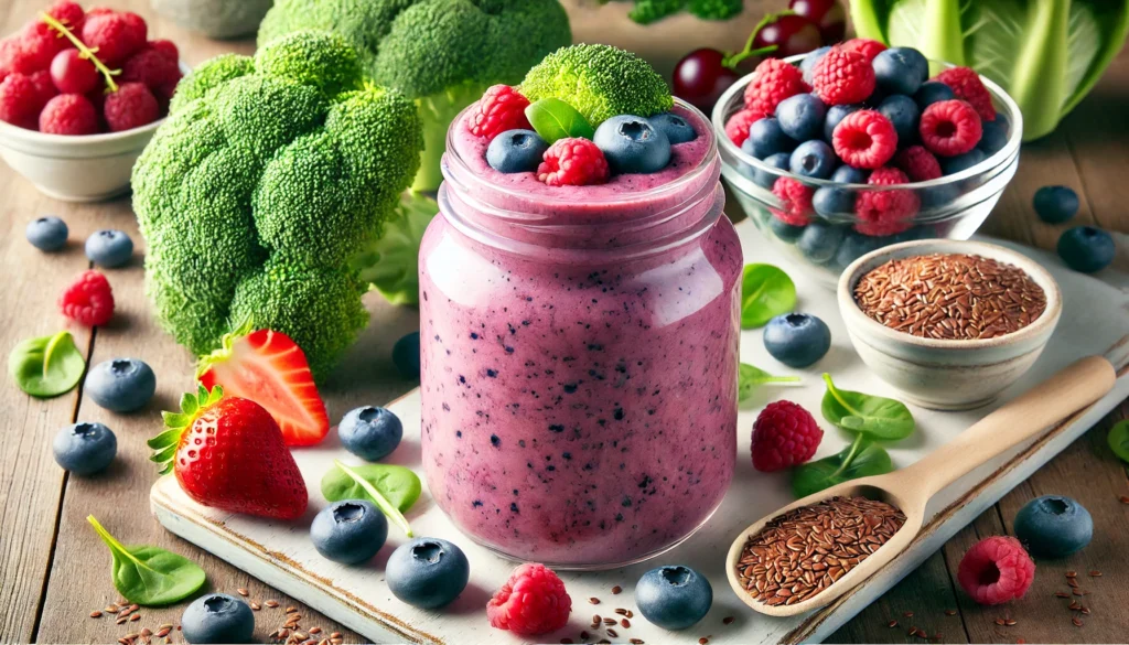 A colorful berry-broccoli smoothie in a clear glass jar, garnished with fresh mixed berries and sprinkled with flaxseeds, surrounded by broccoli florets, blueberries, strawberries, raspberries, and a small bowl of flaxseeds in bright natural lighting.