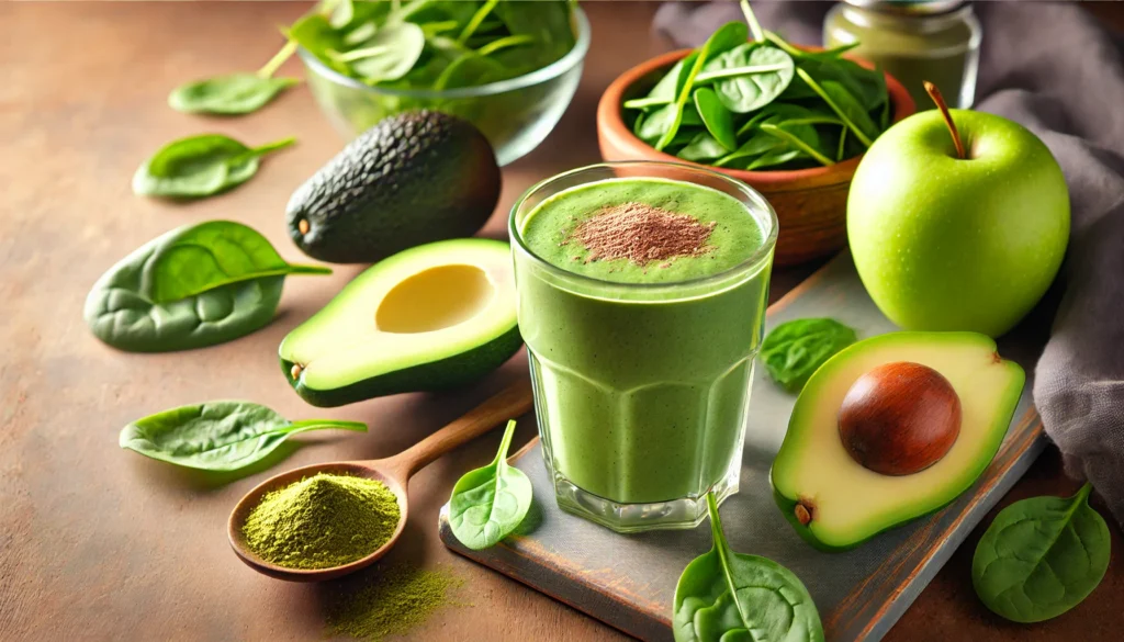 A bright green smoothie in a glass, surrounded by half an avocado, fresh spinach leaves, chopped green apple, and a small bowl of maca root powder on a wooden surface, softly lit for a fresh and healthy vibe.