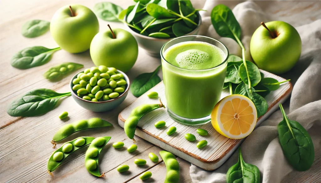 A green smoothie in a glass surrounded by shelled edamame, fresh spinach leaves, green apple slices, and a lemon wedge on a light wooden surface, styled with soft natural lighting for a fresh and nutrient-packed presentation.