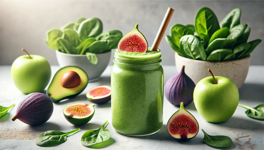 A refreshing fig-green smoothie in a tall glass jar with a bamboo straw, garnished with a slice of green apple, surrounded by fresh spinach leaves, avocado halves, green apple slices, and fresh figs in bright natural lighting.