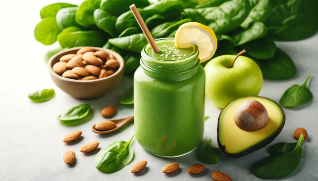 A tall glass jar filled with green almond smoothie, garnished with a lemon wedge and a bamboo straw, surrounded by spinach leaves, avocado halves, green apple slices, and scattered almonds in bright, natural lighting.