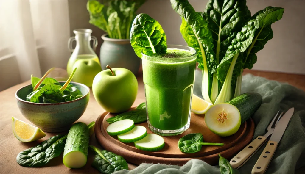 A vibrant green smoothie in a tall glass surrounded by fresh Swiss chard leaves, sliced green apple, chopped cucumber, and a halved lemon on a wooden countertop, softly lit with natural light for a crisp and refreshing atmosphere.