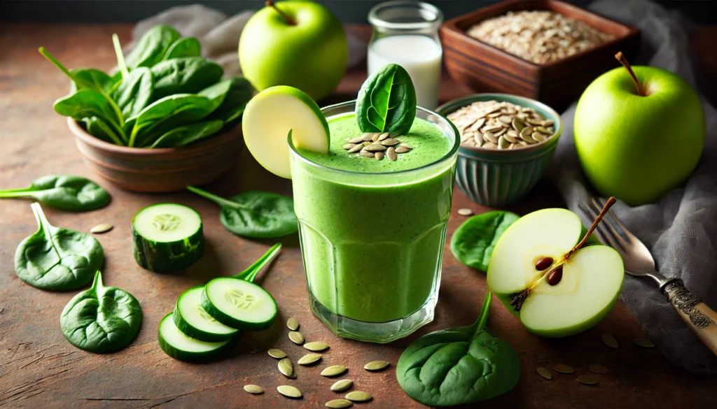 A vibrant green bone builder smoothie in a tall glass on a rustic wooden table, garnished with a thin apple slice and a sprinkle of pumpkin seeds. Surrounding the glass are fresh spinach leaves, a green apple, cucumber slices, a lemon, and a small bowl of oat milk, showcasing the nutrient-rich ingredients for bone health.