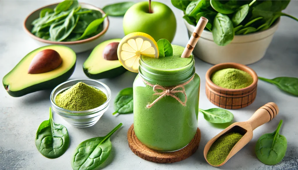 A refreshing green Boswellia smoothie in a tall glass jar with a bamboo straw, garnished with a lemon slice, surrounded by spinach leaves, avocado halves, green apple slices, and a small bowl of Boswellia powder in bright natural lighting.