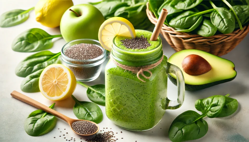 A tall glass jar filled with green chia smoothie, garnished with a lemon wedge and a bamboo straw, surrounded by spinach leaves, avocado halves, green apple slices, and a small bowl of chia seeds in bright, natural lighting.