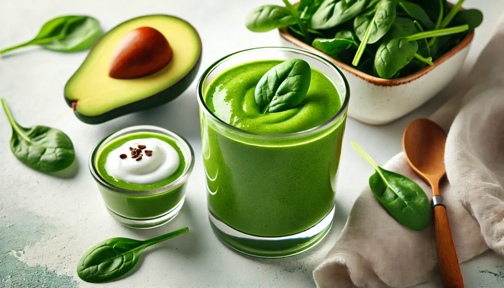 A vibrant green smoothie in a clear glass, featuring coconut yogurt, fresh spinach, and avocado. The smoothie has a rich green color and is garnished with a small avocado slice. A small dish of coconut yogurt is placed beside the glass, highlighting detoxification and nutrient absorption. The background is fresh and clean.