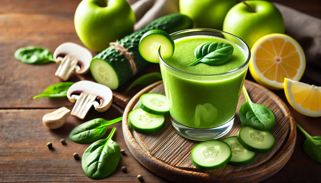 A refreshing green smoothie served in a clear glass, topped with a sprig of spinach. The scene includes fresh green apples, sliced cucumber, raw mushrooms, and a lemon wedge on a rustic wooden surface, emphasizing the natural, bone-healthy ingredients.