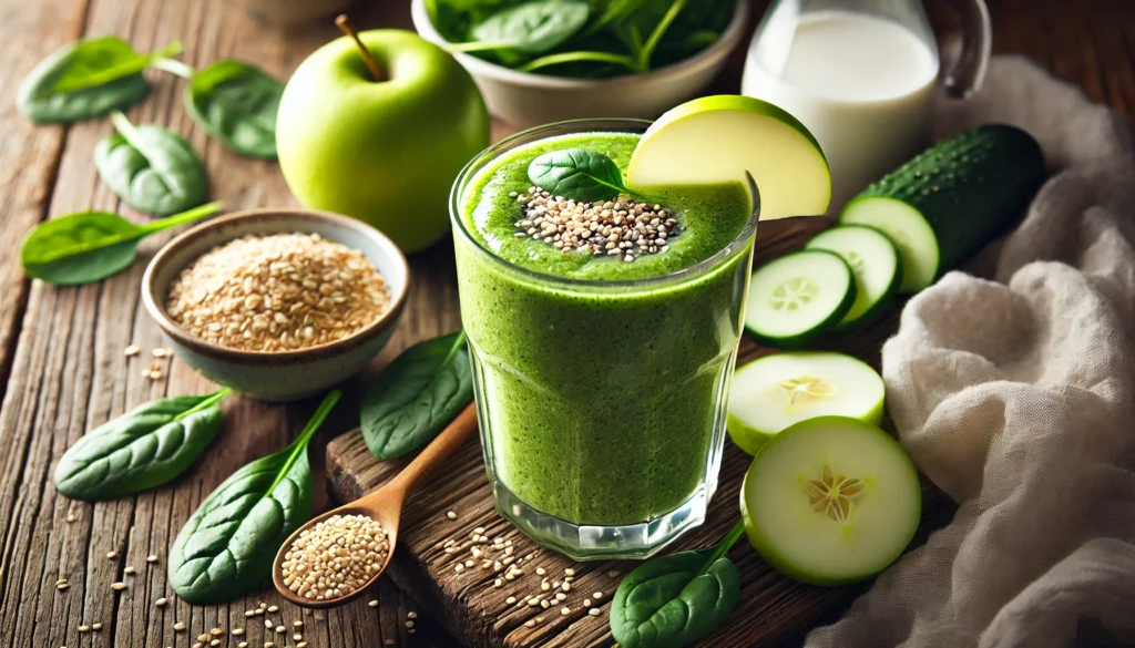 A refreshing green quinoa power smoothie in a tall glass on a rustic wooden table, garnished with a thin apple slice and a sprinkle of quinoa. Surrounding the glass are fresh spinach leaves, a green apple, cucumber slices, a lemon, and a small bowl of oat milk, showcasing the nutrient-packed ingredients for joint health and wellness.