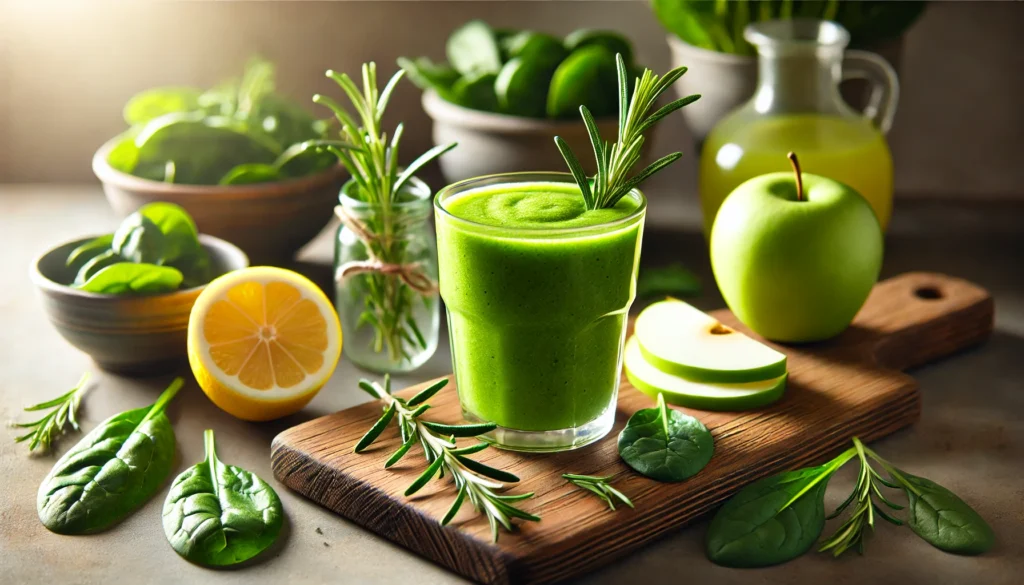 A bright green smoothie in a glass surrounded by fresh rosemary sprigs, spinach leaves, sliced green apple, and a halved lemon on a wooden countertop, softly lit with natural light for a refreshing and healthy atmosphere.