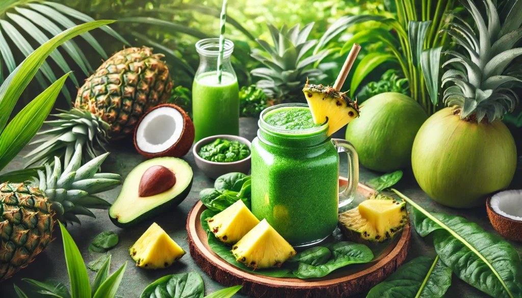 A refreshing green smoothie in a glass jar with a bamboo straw, surrounded by pineapple chunks, spinach leaves, avocado halves, and green apple slices, set against a vibrant tropical garden backdrop.