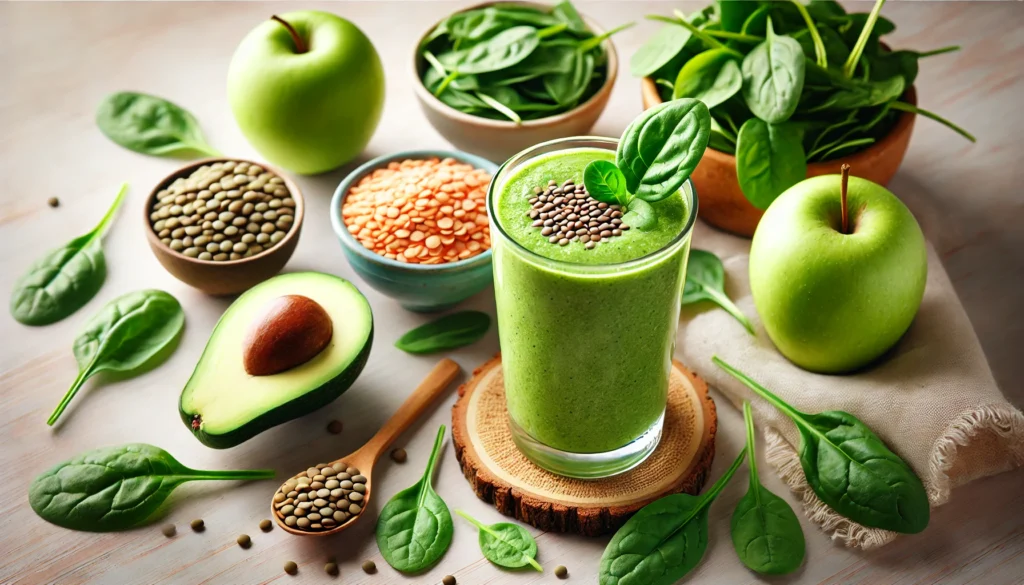 A refreshing green smoothie in a glass surrounded by lentils, fresh spinach leaves, avocado slices, and a green apple, styled on a light wooden table with soft natural lighting for a clean and healthy aesthetic.