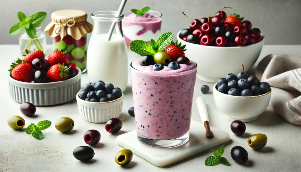 A vibrant smoothie made with Kalamata olives, mixed berries, and Greek yogurt, presented in a sleek glass and garnished with whole berries and a mint leaf. The setting includes a bowl of fresh berries and a jar of Greek yogurt on a bright, modern kitchen counter.