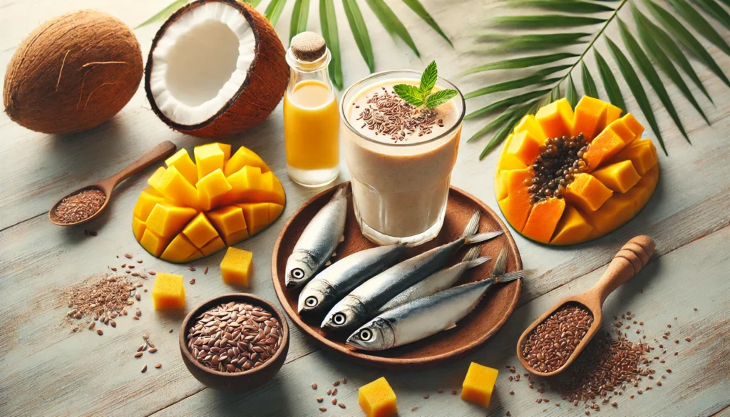 A tropical smoothie in a glass surrounded by a small plate of sardines, coconut water, mango cubes, papaya chunks, and ground flaxseeds on a light wooden surface, styled with soft natural lighting to evoke a refreshing tropical vibe.