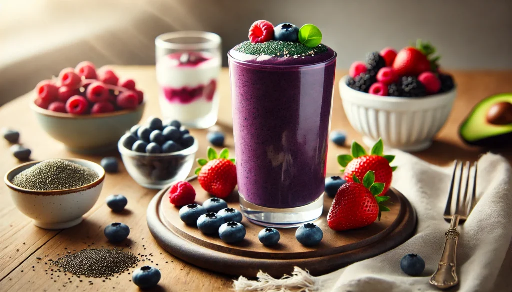 A refreshing spirulina berry blast smoothie in a stylish glass on a wooden kitchen counter, garnished with mixed berries on top. Fresh blueberries, raspberries, strawberries, a small bowl of Greek yogurt, and a sprinkle of chia seeds surround the glass, emphasizing the healthy and antioxidant-rich ingredients.