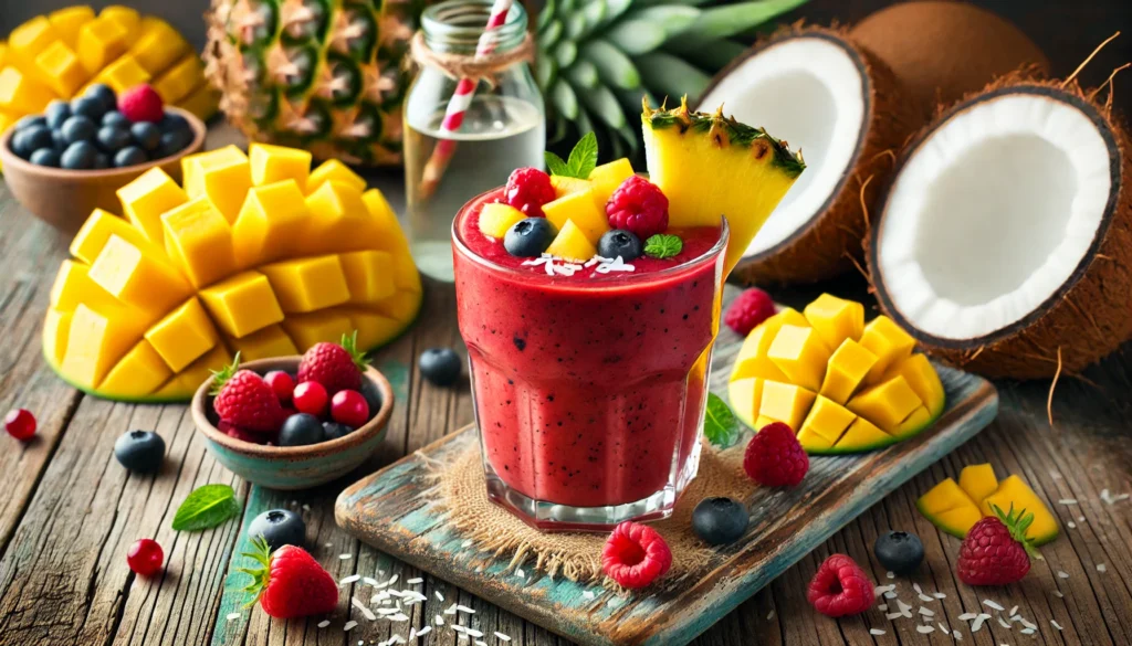 A tropical-inspired smoothie in a clear glass, blending vibrant red and yellow colors, topped with a piece of mango and scattered mixed berries. The background showcases fresh pineapple chunks, mango slices, and a small bottle of coconut water on a rustic wooden surface, emphasizing tropical collagen-boosting ingredients.