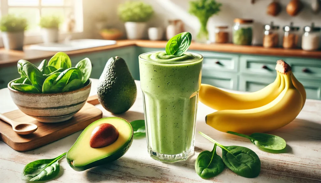 A creamy green avocado smoothie in a tall glass, surrounded by fresh avocado halves, spinach leaves, and a banana, set against a light and airy kitchen background.