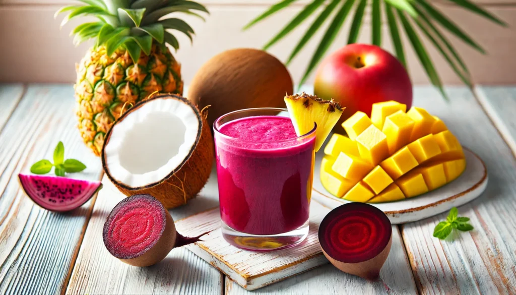 A tropical beetroot smoothie in a glass with a deep magenta color, placed on a bright wooden surface, surrounded by fresh pineapple, mango slices, a halved beet, and a coconut.