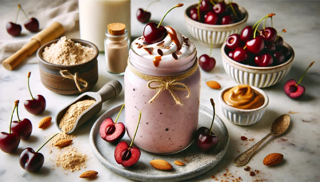 A high-protein tart cherry smoothie in a glass jar, garnished with almond butter drizzle and surrounded by a scoop of protein powder, Greek yogurt, and tart cherries. A creamy and nutritious post-workout recovery shake.