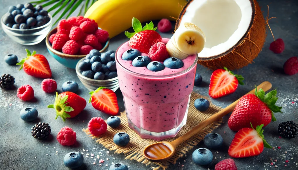 Berry electrolyte smoothie featuring strawberries, blueberries, raspberries, and banana, with a drizzle of honey and coconut halves in the background.