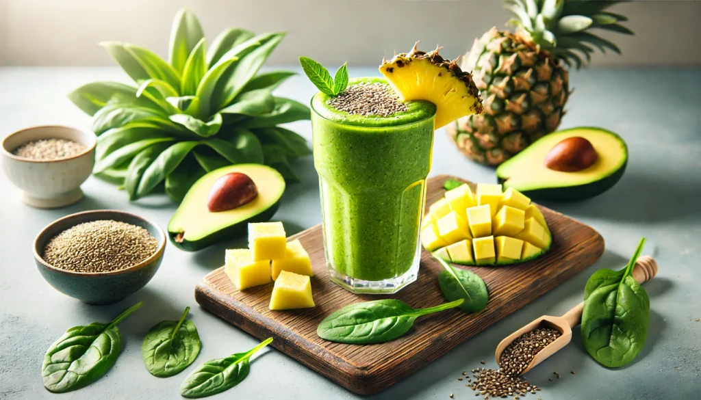 A refreshing green smoothie with spinach, avocado, and pineapple, topped with hemp seeds in a bright kitchen setting.