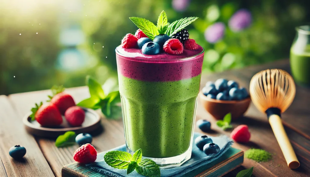 A refreshing berry matcha smoothie in a tall glass, garnished with fresh blueberries, raspberries, and a mint leaf. The smoothie has a rich purple-green hue, sitting on a wooden table with a blurred outdoor background.