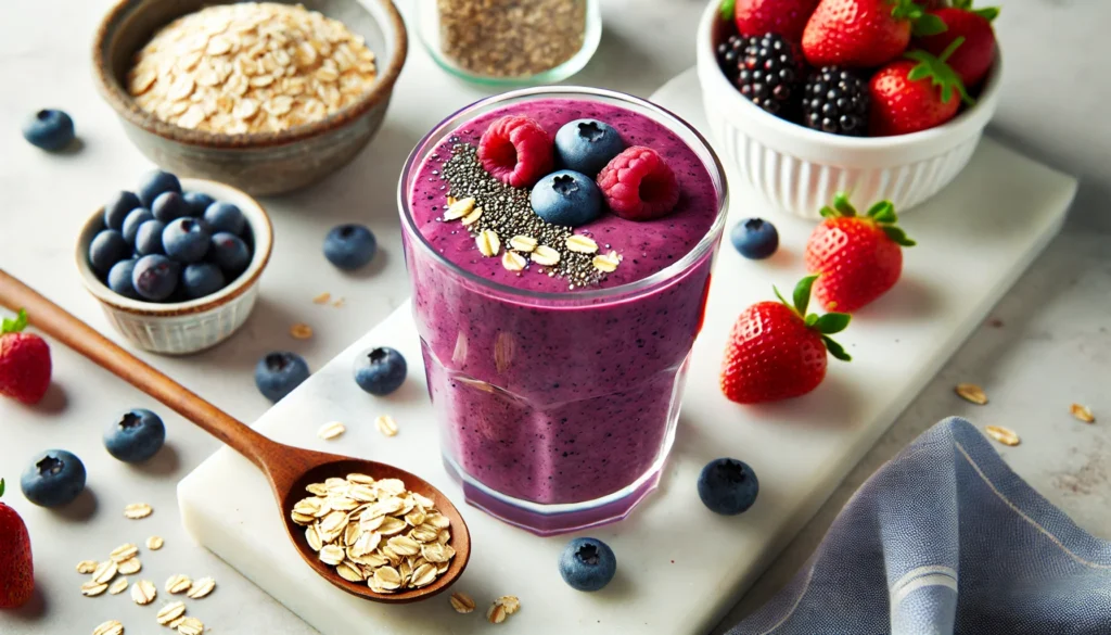 Berry Oat Antioxidant Smoothie in a clear glass, featuring a rich purple berry blend, topped with fresh berries and chia seeds, set on a white marble countertop with oats and a wooden spoon.