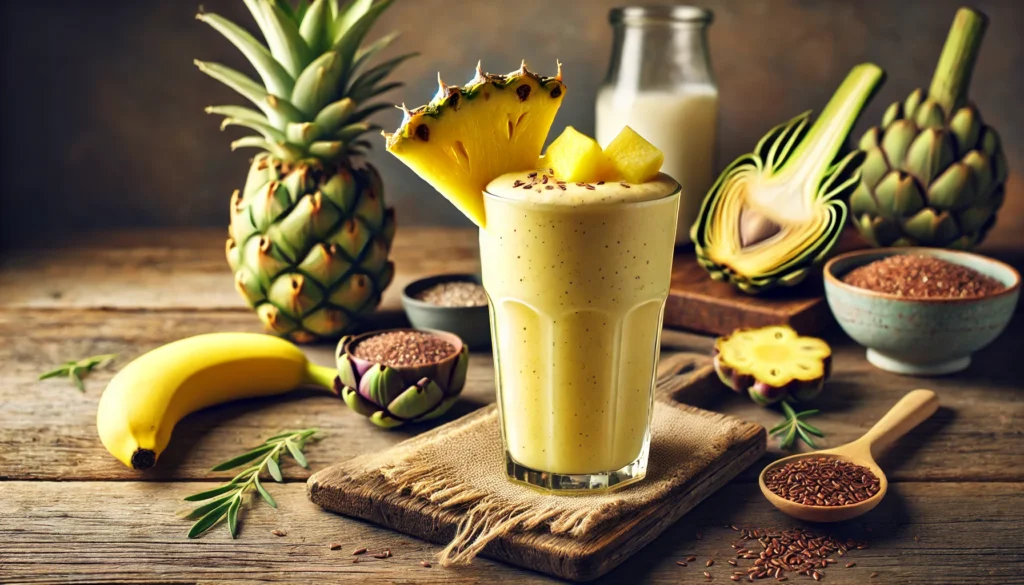 A vibrant yellow tropical gut-healing smoothie in a tall clear glass, topped with fresh pineapple chunks and a drizzle of coconut milk. The smoothie is placed on a rustic wooden table, surrounded by cooked artichoke hearts, banana, flaxseeds, and ginger, enhancing its digestion-supporting appeal.