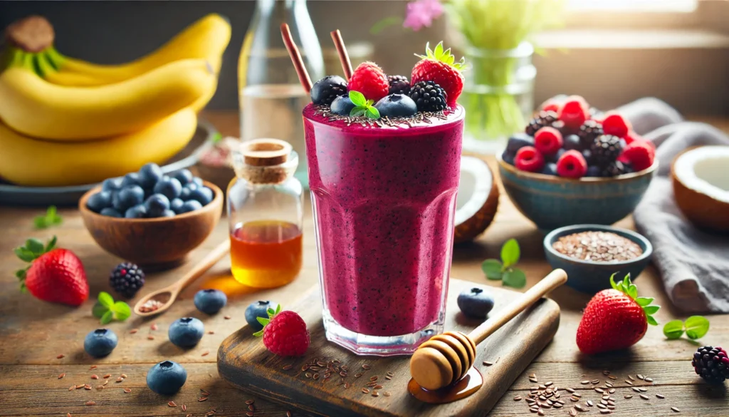 A deep purple-red berry electrolyte smoothie in a tall clear glass, topped with fresh mixed berries and a drizzle of honey. The smoothie is placed on a wooden countertop, accompanied by coconut water, banana, and flaxseeds, highlighting its gut-nourishing and hydration-supporting ingredients.