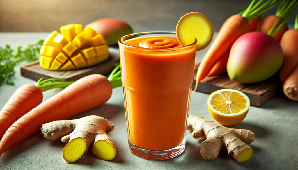 A vibrant post-workout smoothie in a clear glass, featuring carrots and fresh ginger. The smoothie has a bright orange color and is garnished with a thin slice of ginger and a lemon wedge. The background is a fresh and natural kitchen setting with whole carrots, ginger root, and mangoes arranged neatly.