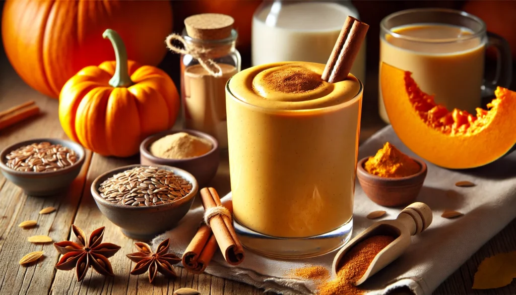 A warm and inviting cinnamon-spiced pumpkin protein smoothie in a glass, garnished with a sprinkle of cinnamon and a cinnamon stick. Surrounding the glass are ingredients including a small bowl of pumpkin puree, a scoop of vanilla protein powder, flaxseeds, a small jar of oat milk, and a dash of nutmeg. The setting is cozy, with soft lighting and a rustic wooden background, emphasizing autumn flavors and nutrition.