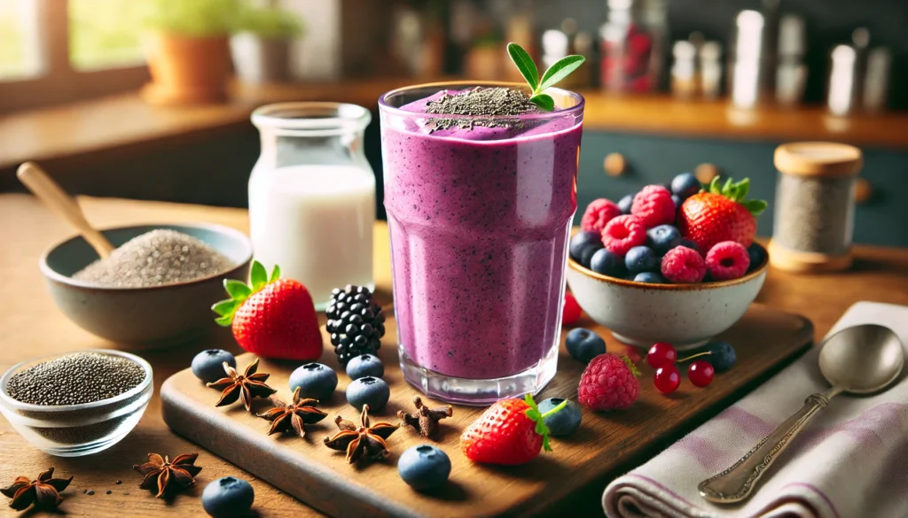 A vibrant clove-berry muscle recovery smoothie served in a glass with a deep purple hue, surrounded by fresh mixed berries, ground cloves, a small bowl of Greek yogurt, and chia seeds. The setting includes a wooden kitchen counter with natural light highlighting the freshness of the ingredients.