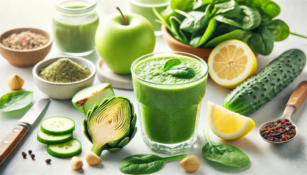 A vibrant green spinach and Jerusalem artichoke smoothie in a clear glass, surrounded by fresh spinach leaves, chopped Jerusalem artichoke, green apple slices, cucumber, and a halved lemon on a bright kitchen counter. A refreshing drink designed to support digestion and detoxification.