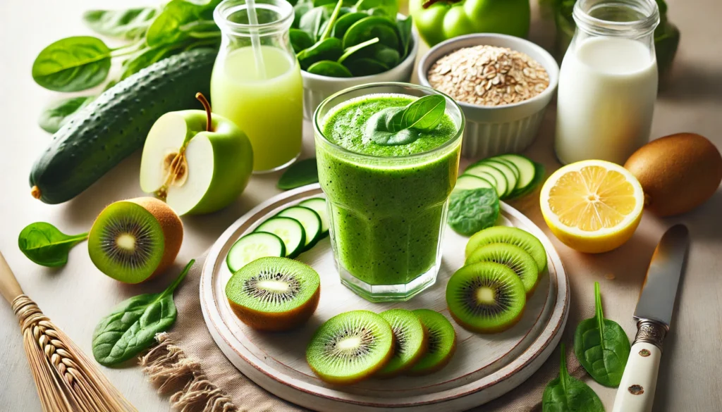 A fresh kiwi and spinach smoothie in a clear glass, surrounded by sliced kiwi, lemon juice, green apple slices, cucumber, and oat milk on a bright kitchen counter. A detoxifying drink designed to support digestion and cleanse the gut.