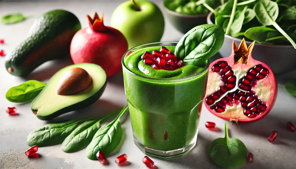 A nutritious green smoothie in a clear glass, featuring pomegranate and leafy greens like spinach and avocado. The smoothie has a rich green hue with a slight red swirl from pomegranate juice. It is garnished with a fresh spinach leaf. The background is a clean and fresh kitchen setting with whole pomegranates, green apples, avocados, and spinach arranged naturally.