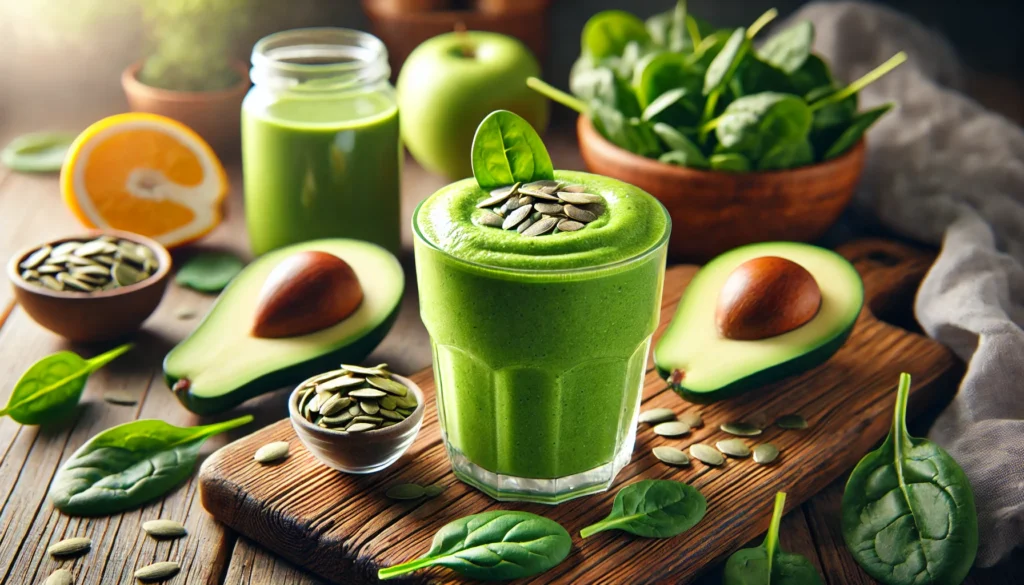 A vibrant green recovery smoothie served in a glass, surrounded by fresh spinach, pumpkin seeds, a halved avocado, and a sliced green apple. The smoothie has a creamy texture with a slightly frothy top. The setting includes a rustic wooden kitchen counter with natural light highlighting the freshness of the ingredients.