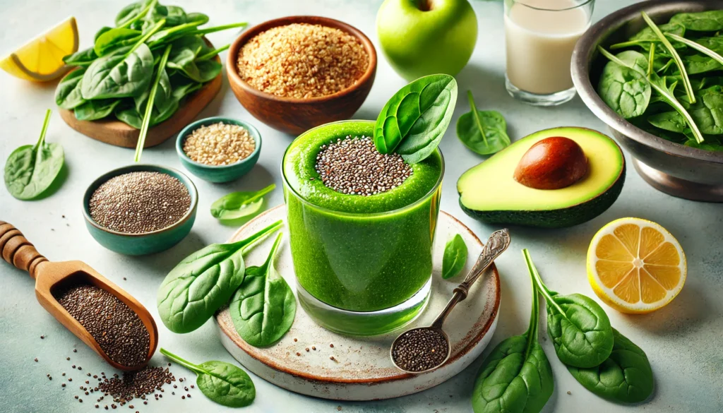 A vibrant and nutritious quinoa-green superfood smoothie in a glass, garnished with a spinach leaf and chia seeds. Surrounding the glass are ingredients including a small bowl of cooked quinoa, fresh spinach leaves, half an avocado, a sliced green apple, a spoonful of chia seeds, a glass of almond milk, and a cut lemon. The setting is bright and fresh, emphasizing health and vitality.