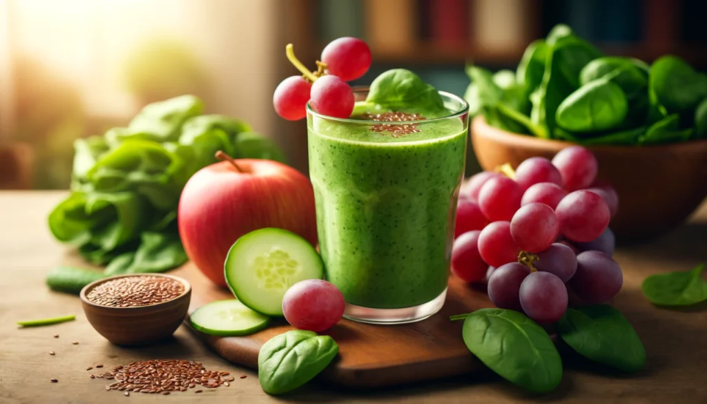 A refreshing red grape and spinach hydration smoothie served in a glass with a vibrant green and purple hue. The smoothie is surrounded by fresh red grapes, spinach leaves, sliced cucumber, a halved apple, and a small bowl of flaxseeds. The setting includes a wooden kitchen counter with soft natural lighting, enhancing the freshness of the ingredients.