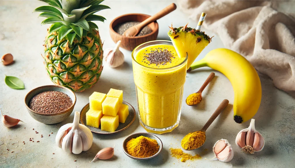 A bright yellow garlic and pineapple smoothie in a clear glass, surrounded by fresh pineapple chunks, banana, minced garlic, turmeric, flaxseeds, and coconut milk on a bright kitchen counter. A tropical drink designed to support digestion and strengthen gut immunity.