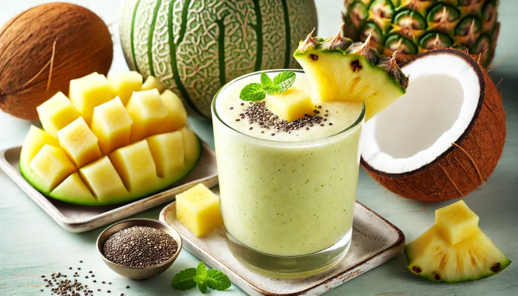 A tropical smoothie in a clear glass, featuring honeydew melon, pineapple, and coconut milk. The smoothie has a creamy yellow-green color and is garnished with a pineapple chunk and a sprinkle of chia seeds. The background is a bright, tropical setting with fresh honeydew melons, pineapples, and coconuts arranged naturally.