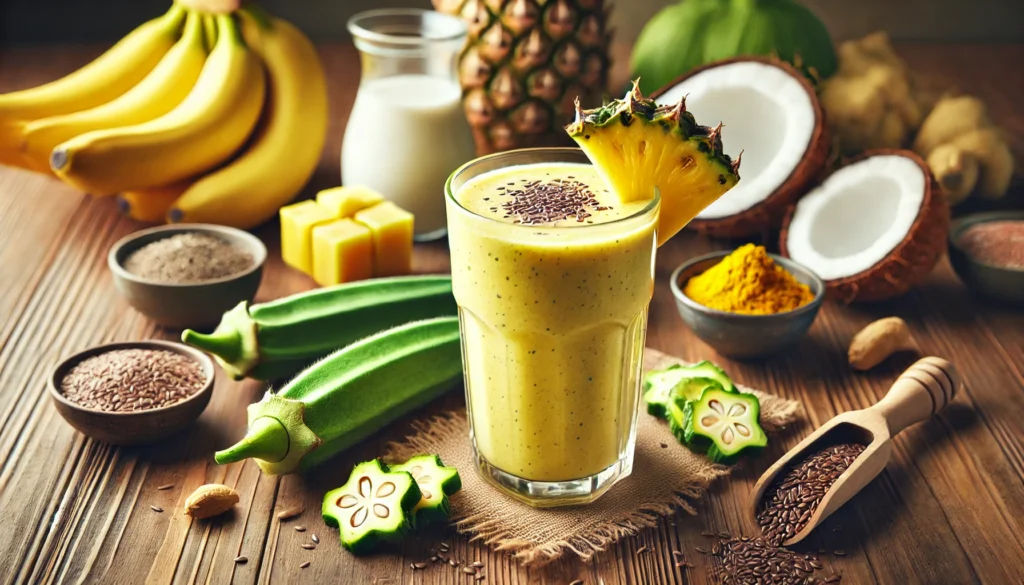 A bright yellow tropical smoothie in a tall clear glass, topped with fresh pineapple chunks and a sprinkle of flaxseeds. The smoothie is placed on a wooden countertop, accompanied by fresh okra, banana, coconut milk, and turmeric, highlighting its gut-supporting and digestion-promoting ingredients.