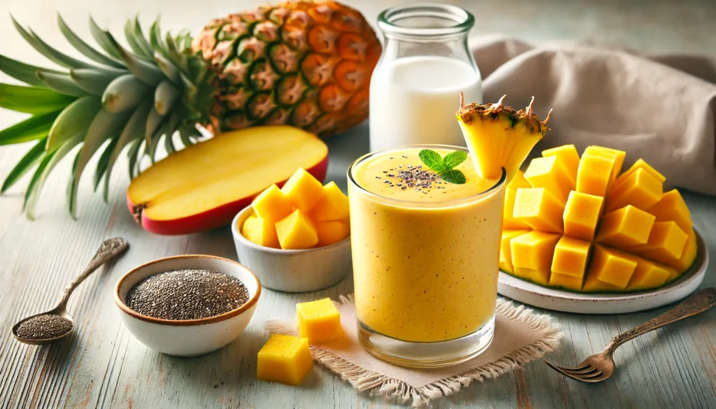 A vibrant yellow-orange tropical pea protein smoothie in a glass with a creamy texture. The smoothie is surrounded by fresh pineapple chunks, half a sliced mango, a small dish of chia seeds, and a glass of almond milk on a light wooden table. The softly blurred background creates a fresh and tropical atmosphere.