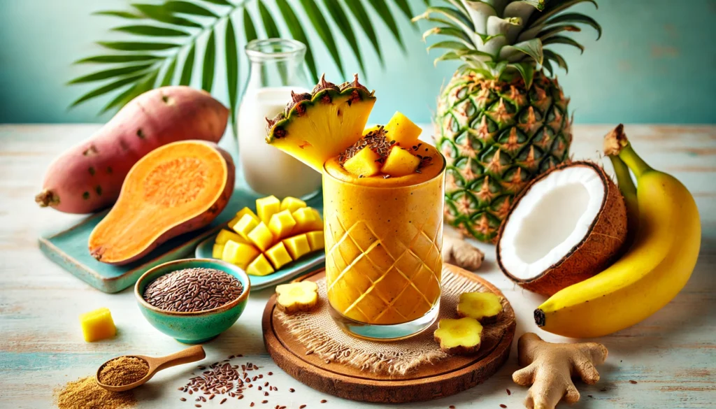 A vibrant sweet potato and pineapple smoothie in a clear glass, surrounded by fresh pineapple chunks, banana, grated ginger, flaxseeds, and coconut milk on a bright kitchen counter. A fiber-boosting drink designed to support digestion and promote gut health.