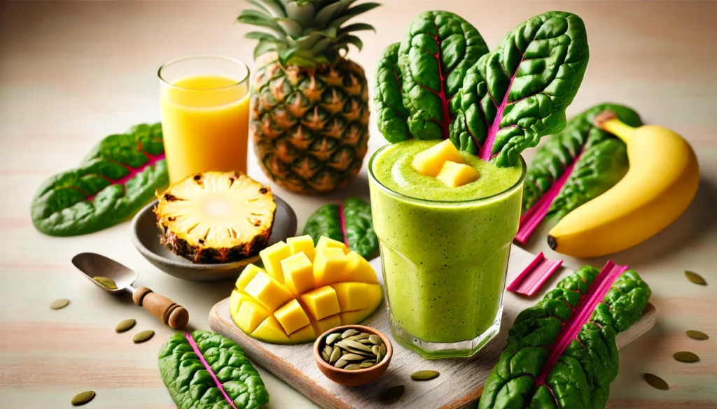 A bright yellow-green tropical Swiss chard and pineapple smoothie in a glass with a creamy texture. Surrounding the glass are fresh Swiss chard leaves, pineapple chunks, half a sliced mango, a banana, a small dish of pumpkin seeds, and a glass of orange juice on a light wooden table. The softly blurred background enhances the refreshing and tropical atmosphere.