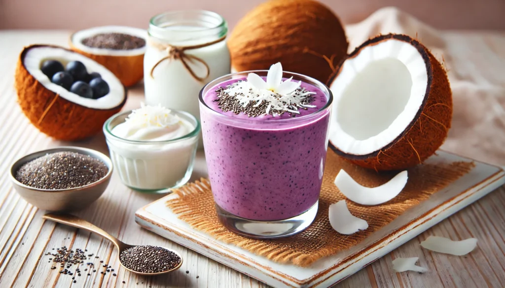 A refreshing acai coconut smoothie in a clear glass, garnished with coconut flakes and chia seeds. The smoothie has a deep purple color and creamy consistency, set on a light wooden surface with fresh coconut halves, Greek yogurt, and a small dish of chia seeds.