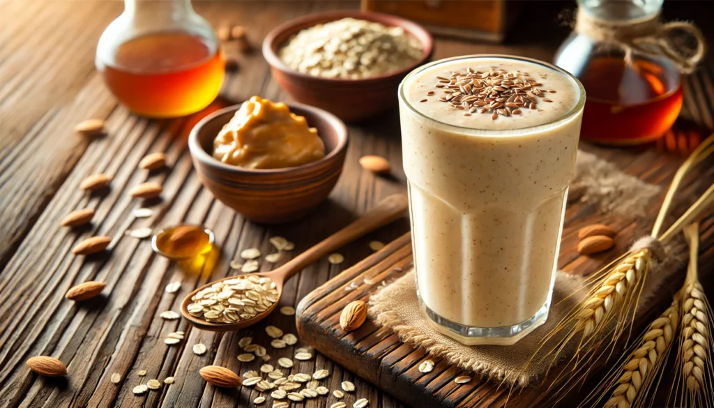 A thick and creamy almond oatmeal smoothie in a tall glass, garnished with a few flaxseeds. The smoothie is placed on a rustic wooden table with a small bowl of cooked oats, a spoonful of almond butter, and a drizzle of maple syrup in the background.